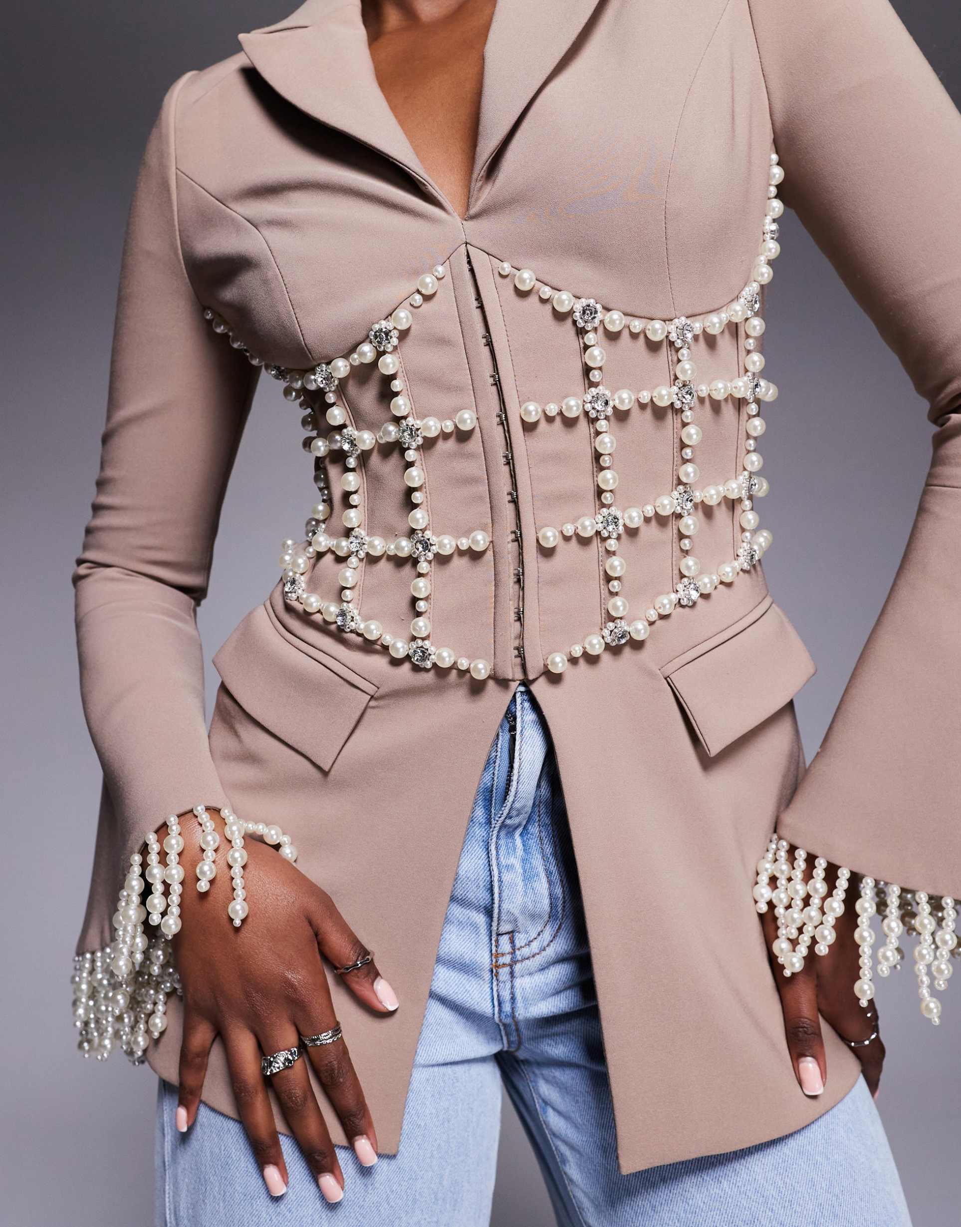 lavish alice pearl embellished blazer in mushroom