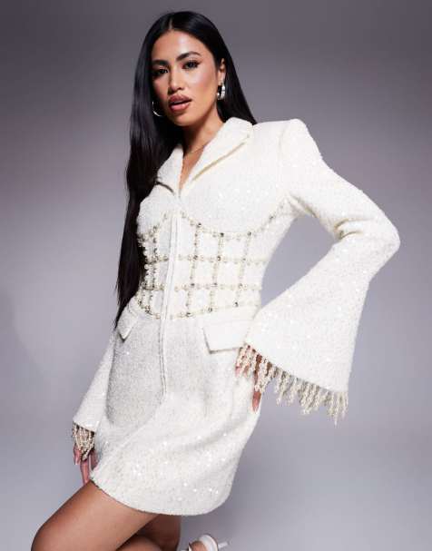Lavish Alice pearl embellished boucle mini blazer dress in beige