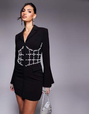 Lavish Alice pearl embellished mini blazer dress black