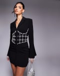[Lavish Alice] Lavish Alice pearl embellished mini blazer dress in black 6 Black