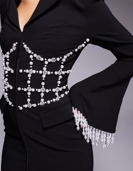 Lavish Alice pearl embellished mini blazer dress in black, 3 of 4
