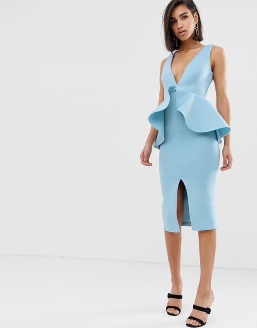Lavish Alice peplum scuba ruffle dress in dusty blue ASOS