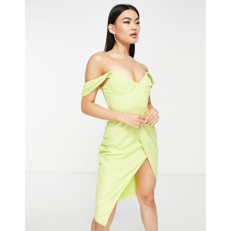 Lavish Alice pleat detail bardot midi dress in lime green