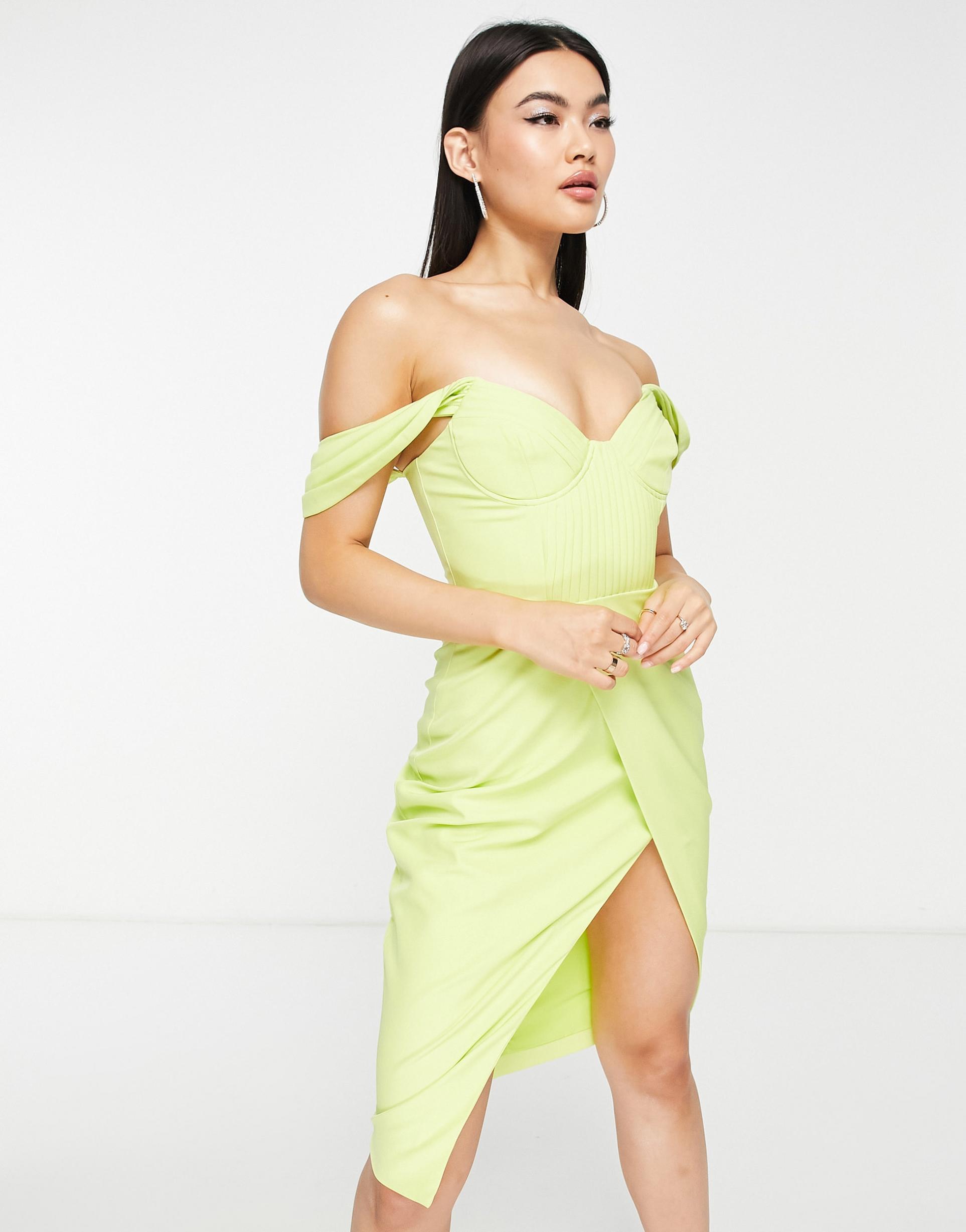 lavish alice pleat detail bardot midi dress in lime green