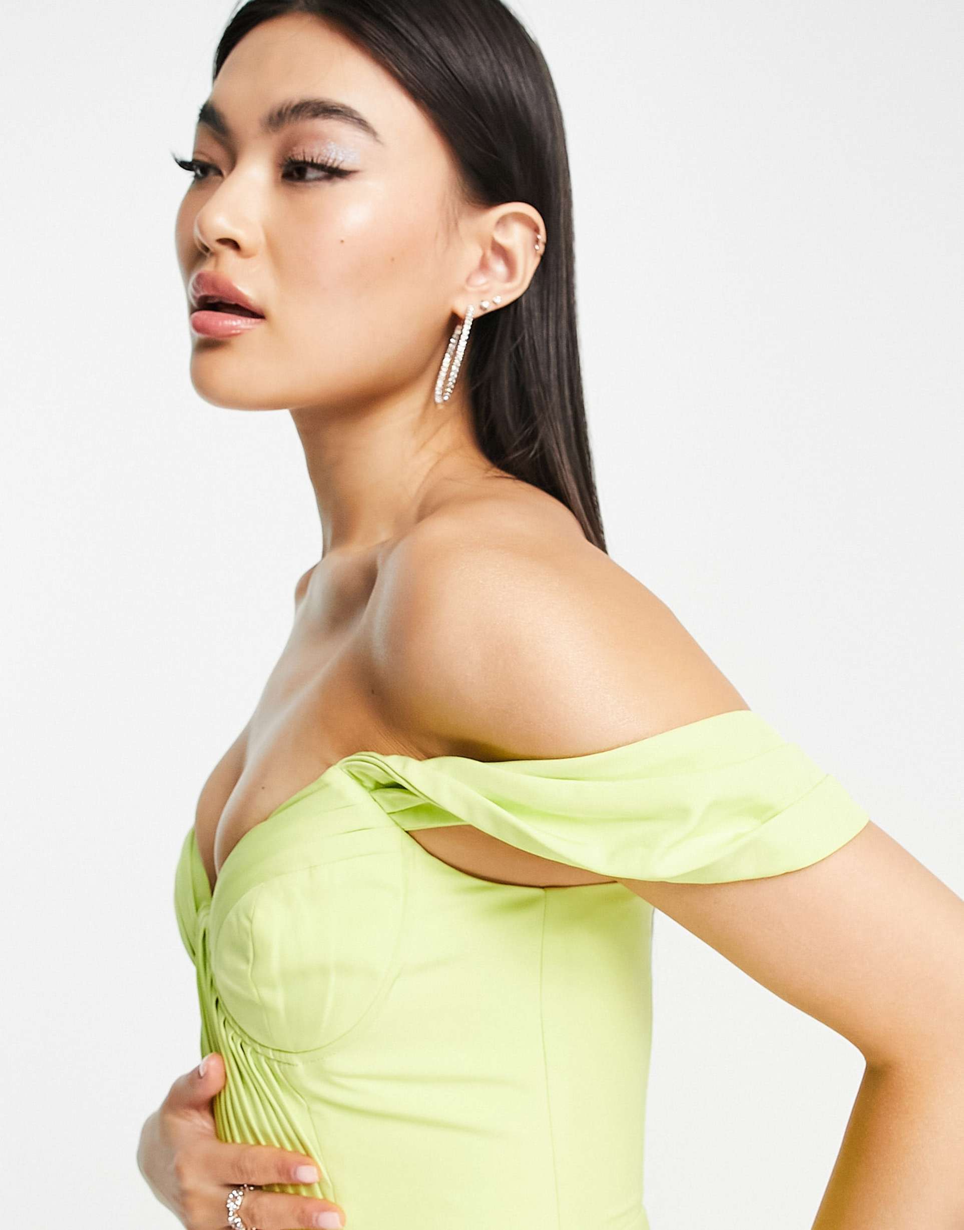 lavish alice pleat detail bardot midi dress in lime green