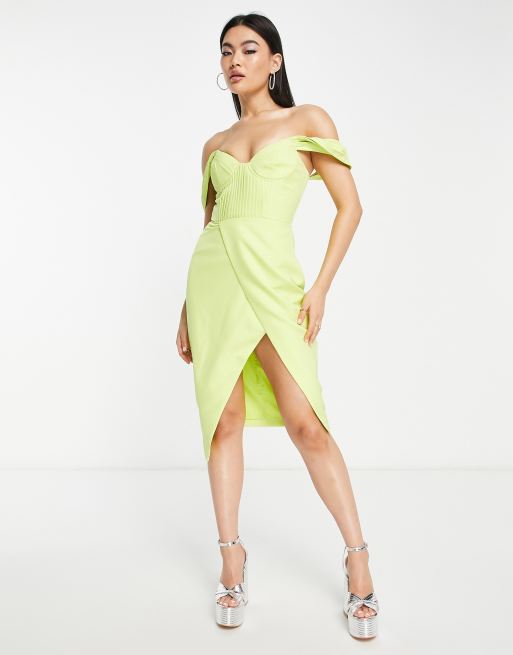 Lavish Alice pleat detail bardot midi dress in lime green