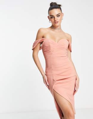 Lavish Alice pleated  bardot midi dress in coral - ASOS Price Checker