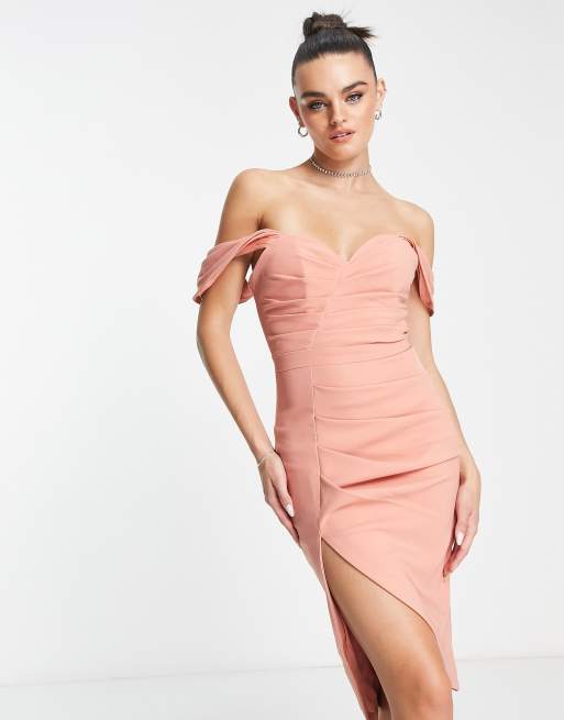 Lavish alice pleated bardot and draped belt midi clearance dress