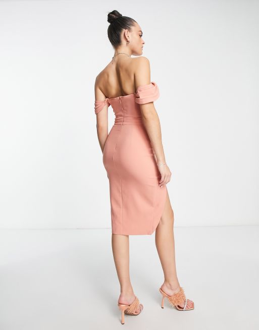 Lavish alice pleated bardot and draped belt midi hot sale dress