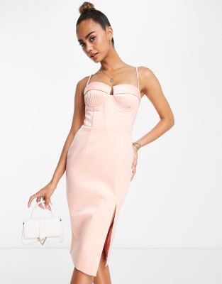 Lavish Alice Lavish Alice pleated corset detail thigh split midi dress in peach-Orange