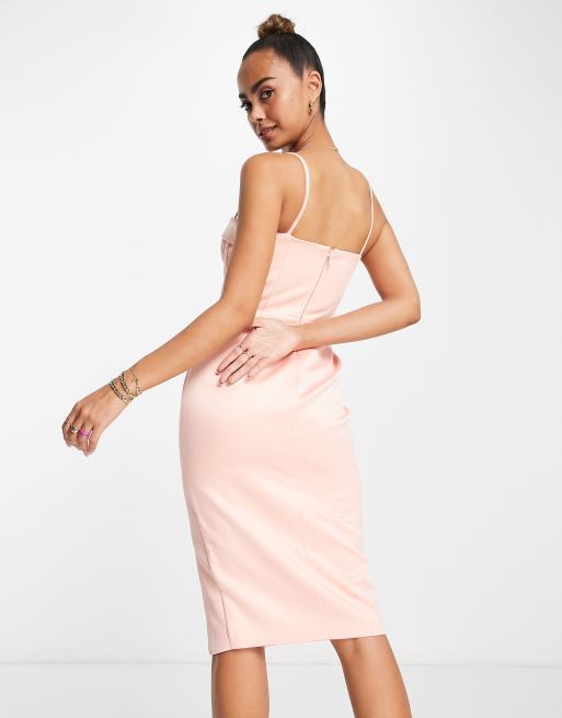 Lavish Alice pleated corset detail thigh split midi dress in peach