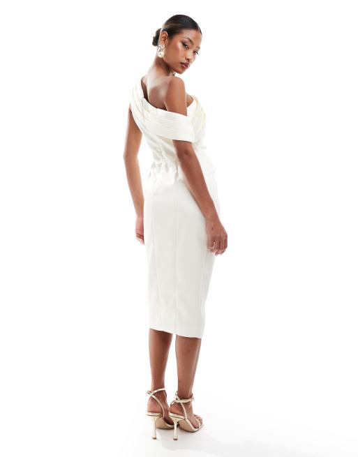 Lavish Alice pleated one shoulder bonded satin midi dress in ivory, 3 of 4