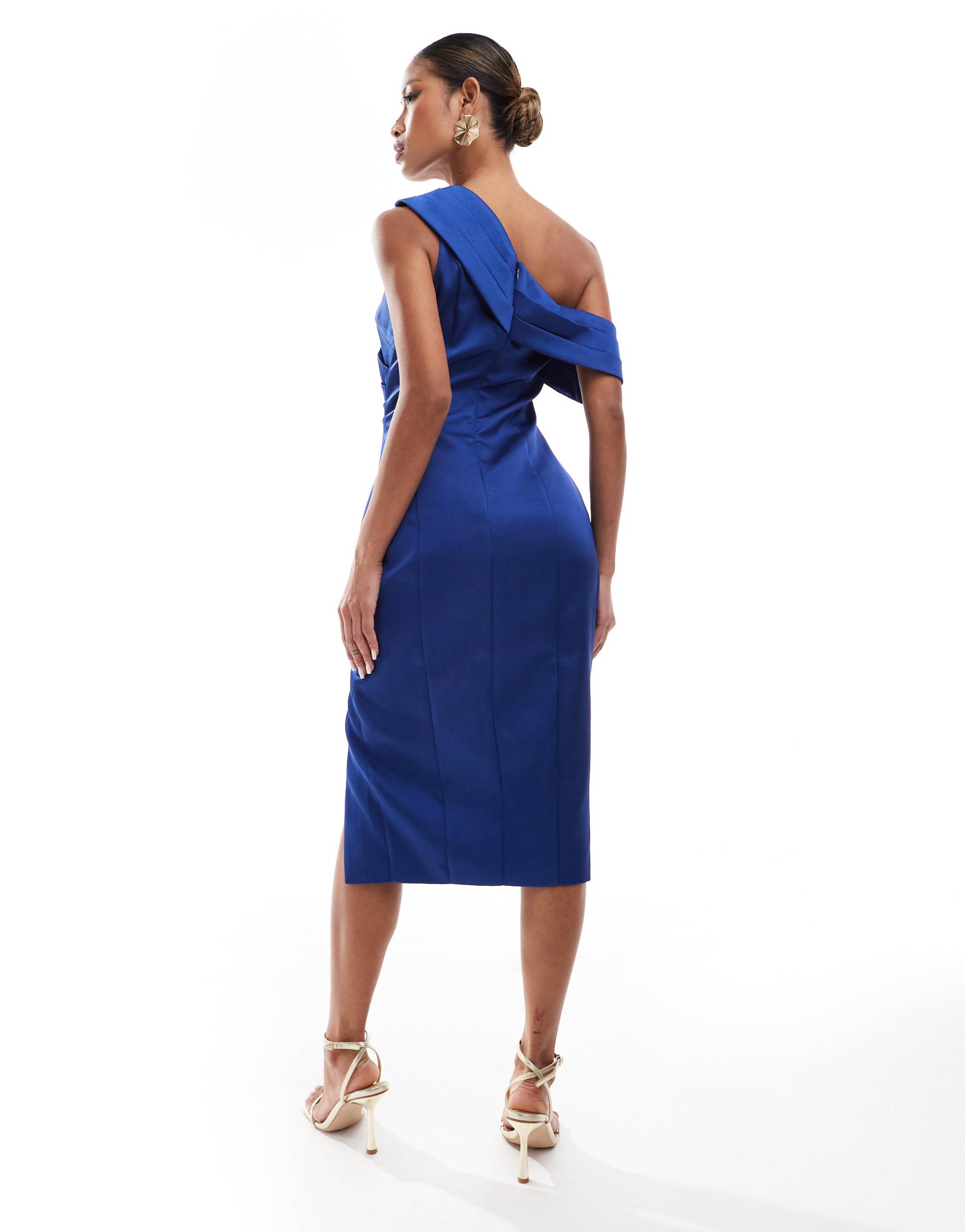 lavish alice pleated one shoulder bonded satin midi dress in navy