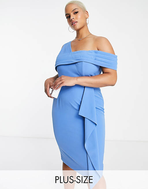 Lavish Alice Plus - Asymmetrische midi-jurk met blote schouders in blauw