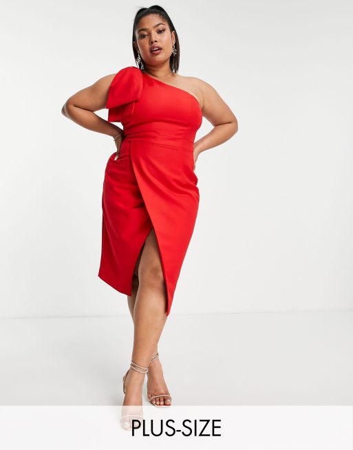 Lavish Alice Plus bow shoulder wrap midi dress in red