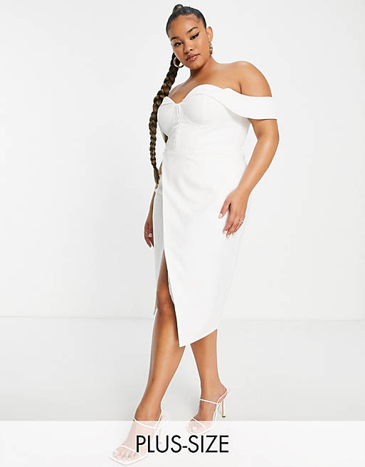 Lavish Alice Plus corset wrap midi dress in white