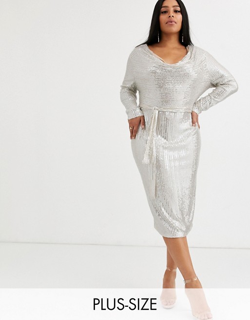 Lavish Alice Plus cowl neck sequin mesh midi dress in silver