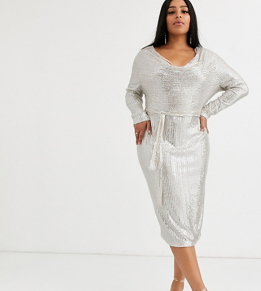 Lavish Alice Plus cowl neck sequin mesh midi dress in silver