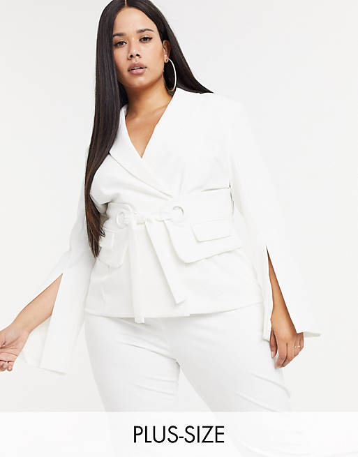 Lavish Alice Plus exclusive belted blazer two-piece in white