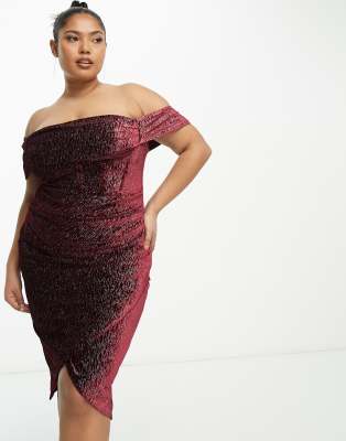 Lavish Alice Plus Glitter Velvet Off Shoulder Midi Dress In Burgundy-red