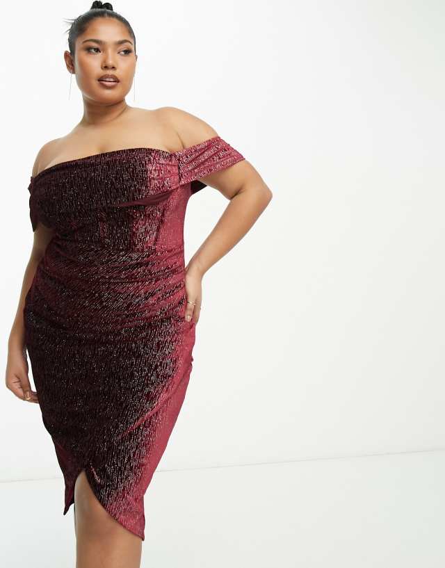 Lavish Alice Plus glitter velvet off shoulder midi dress in burgundy