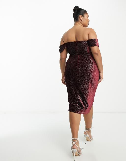 Lavish Alice Plus glitter velvet off shoulder midi dress in burgundy