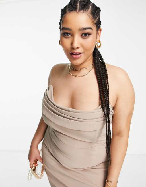 Lavish Alice Plus - Midi bandeau-kokerjurk met gedrapeerde voorkant in stone, 3 van 4