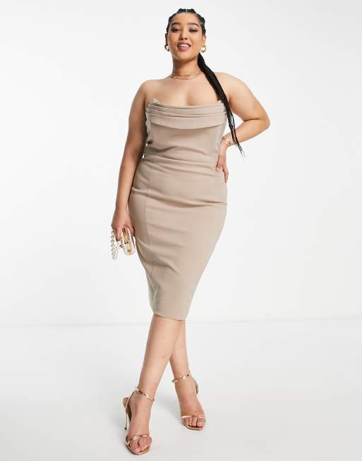 Lavish Alice Plus - Midi bandeau-kokerjurk met gedrapeerde voorkant in stone, 4 van 4
