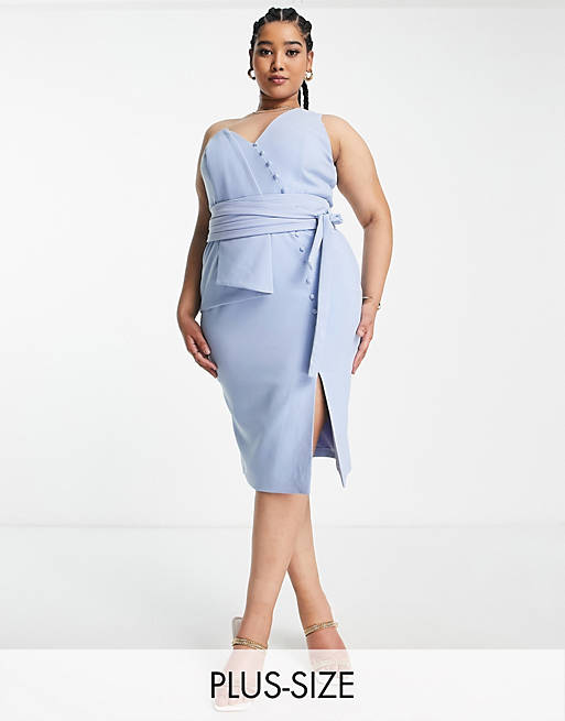 Lavish Alice Plus - Midi jurk met blote schouder en gestrikte taille in blauw