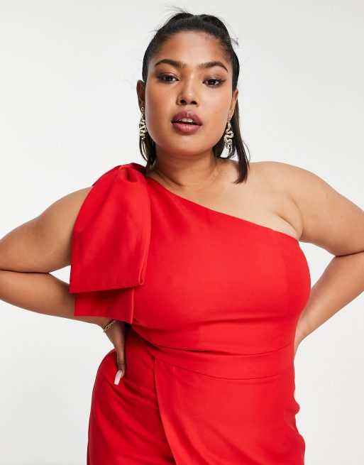 Lavish Alice Plus - Midi jurk met overslag en gestrikte schouders in rood, 4 van 4