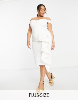 Lavish Alice Plus off shoulder ruffle midi dress in white