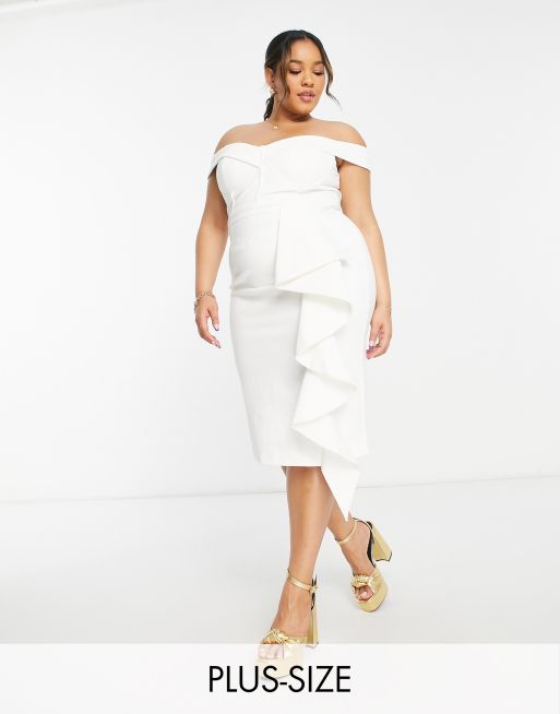 Lavish Alice Plus off shoulder ruffle midi dress in white ASOS