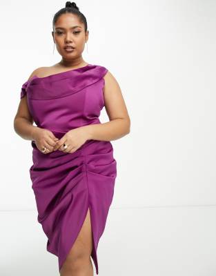 Lavish Alice Plus off-shoulder satin side ruched mini dress in purple