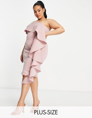 Lavish Alice Plus one shoulder bardot frill scuba midi dress in dusty pink - ASOS Price Checker