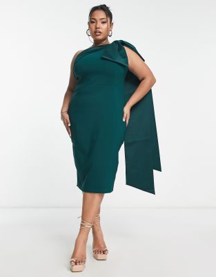 Lavish Alice Plus one shoulder bow detail midi dress in emerald green