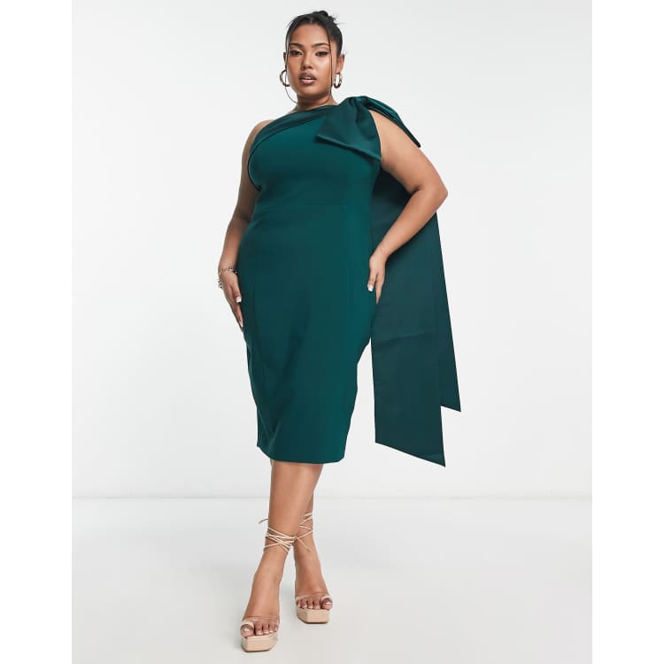 Lavish Alice Plus one shoulder bow detail midi dress in emerald