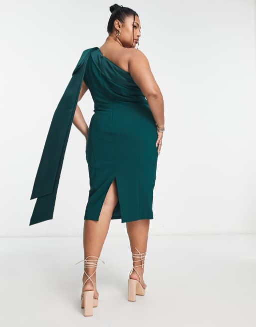 Lavish Alice Plus one shoulder bow detail midi dress in emerald green