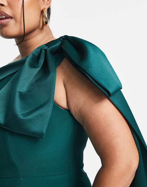 Lavish Alice Plus one shoulder bow detail midi dress in emerald