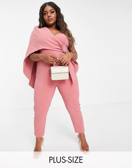 Lavish Alice Plus one shoulder cape detail jumpsuit with belt in dusty rose