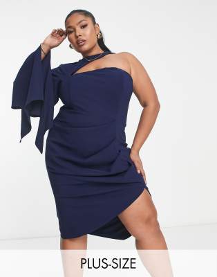 Lavish Alice Plus One Shoulder Cape Detail Midi Dress In Navy