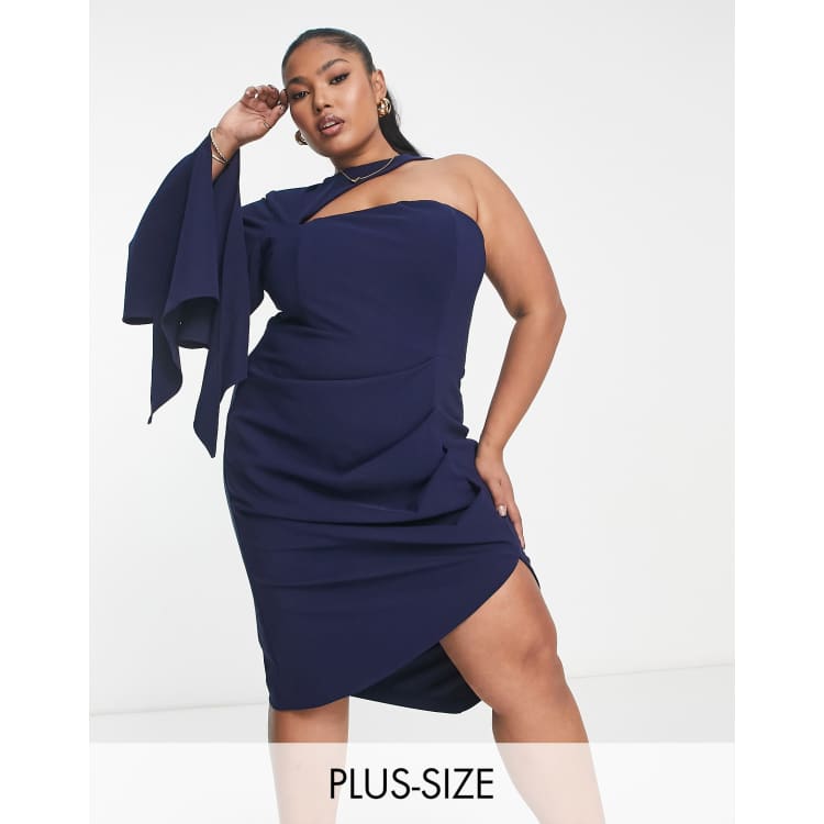 Lavish Alice Plus one shoulder cape detail midi dress in navy