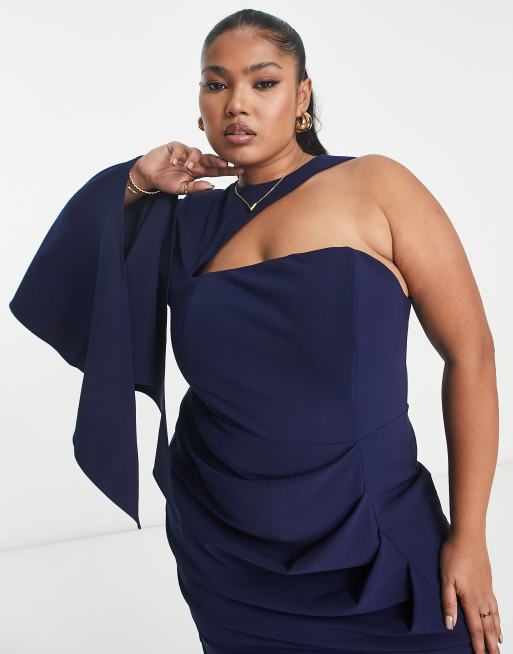 Lavish Alice Plus one shoulder cape detail midi dress in navy