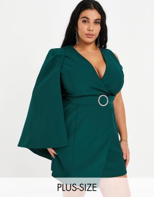 Lavish Alice Plus one shoulder cape mini dress with diamante belt detail in forest green