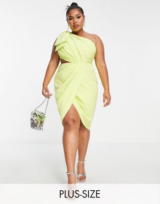 one shoulder cut out detail wrap midi dress in lime green