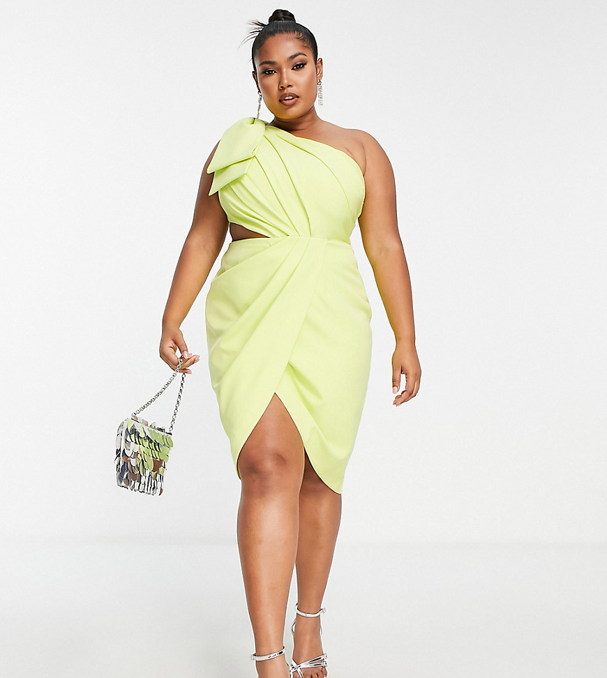 Lavish Alice Plus one shoulder cut out detail wrap midi dress in lime green