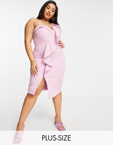 Lavish Alice Plus one shoulder drape ruffle corset detail midi dress in lilac pink - view 1