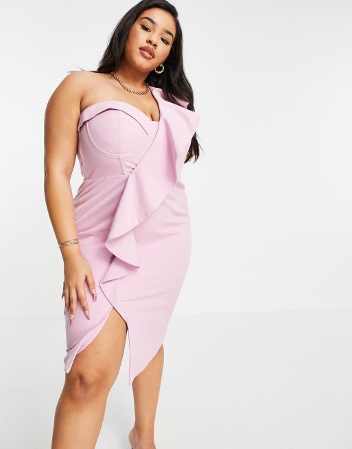 Lavish Alice Plus one shoulder drape ruffle corset detail midi dress in lilac pink ASOS