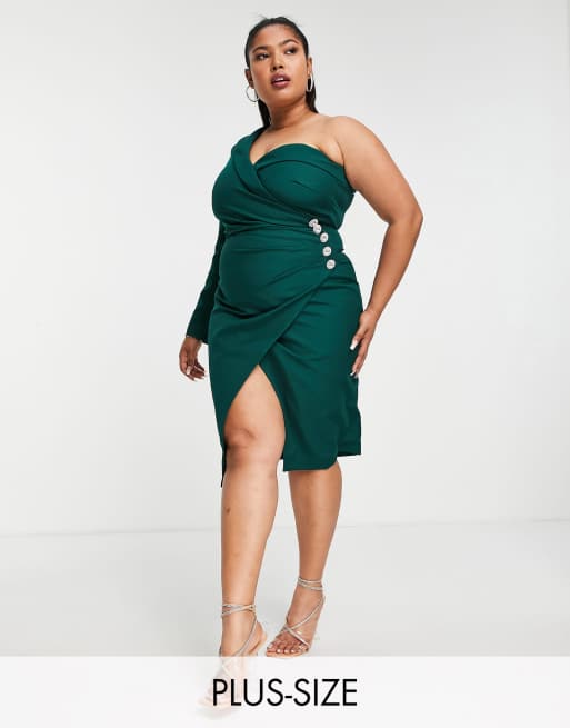 Lavish Alice Plus one sleeve wrap midi dress in emerald green