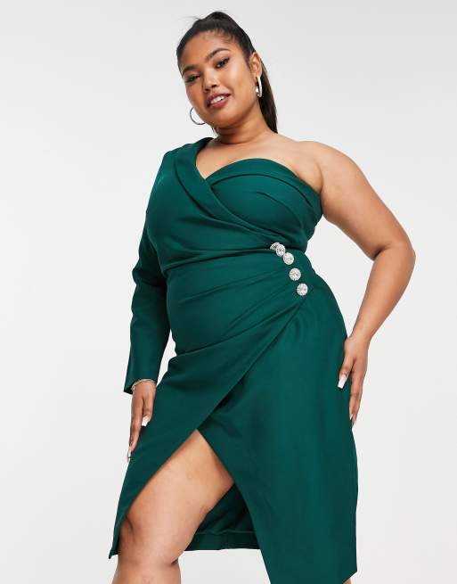 emerald green dress curvy Lavish Alice Plus one sleeve wrap midi in black wedding gowns