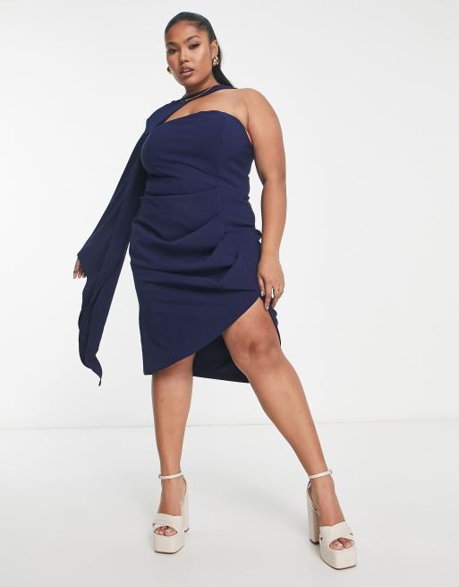 Lavish Alice Plus - Oneshoulder-midikjole med kappedetalje i marineblå, 4 af 4